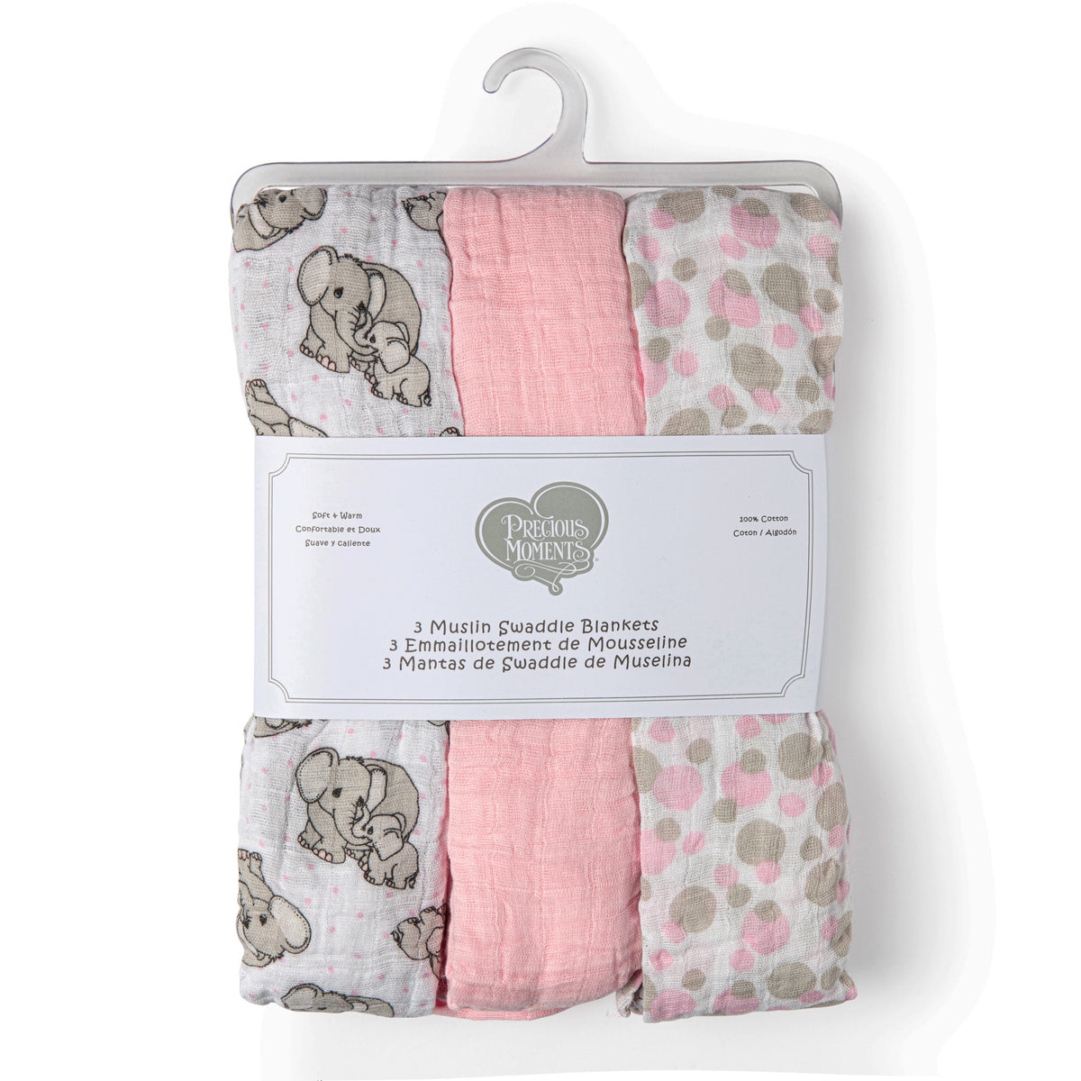 Precious Moments Baby Boys and Baby Girls 3 Piece Coordinating Precious Moments Muslin Swaddle Blankets, Pink