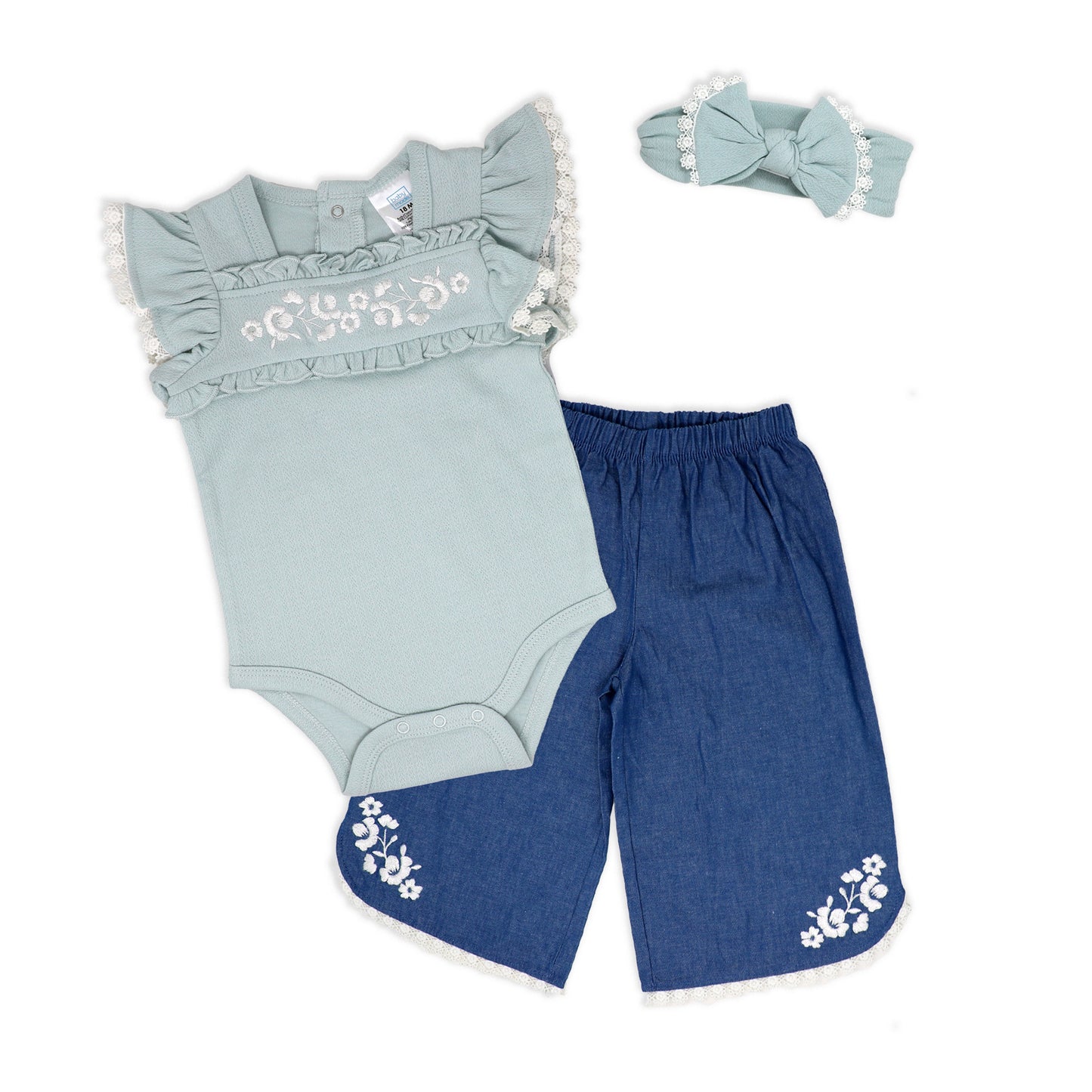 Baby Mode Baby Girls 3 Piece Lacey Denim Pants Set, 24M