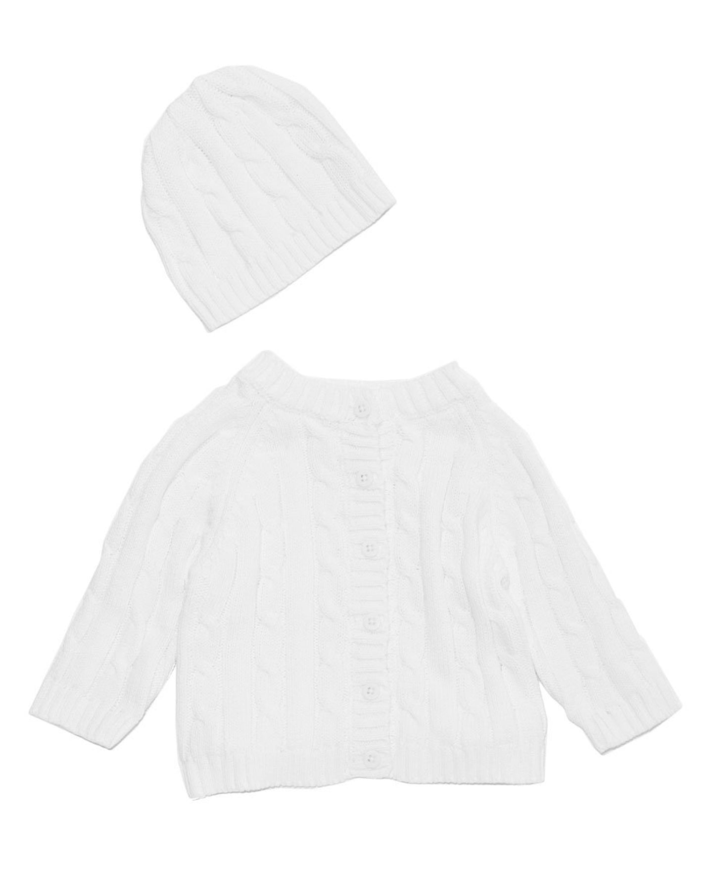 Baby Mode Signature Cable Knit Baby Cardigan Sweater with Beanie Gift Set, Off-White