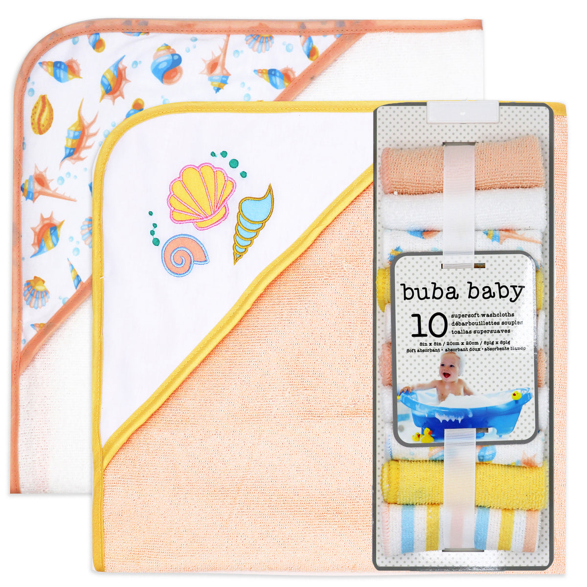 Buba Baby 2 Pack Hooded Baby Bath Towels with 10 Matching Washcloth Set, Shells