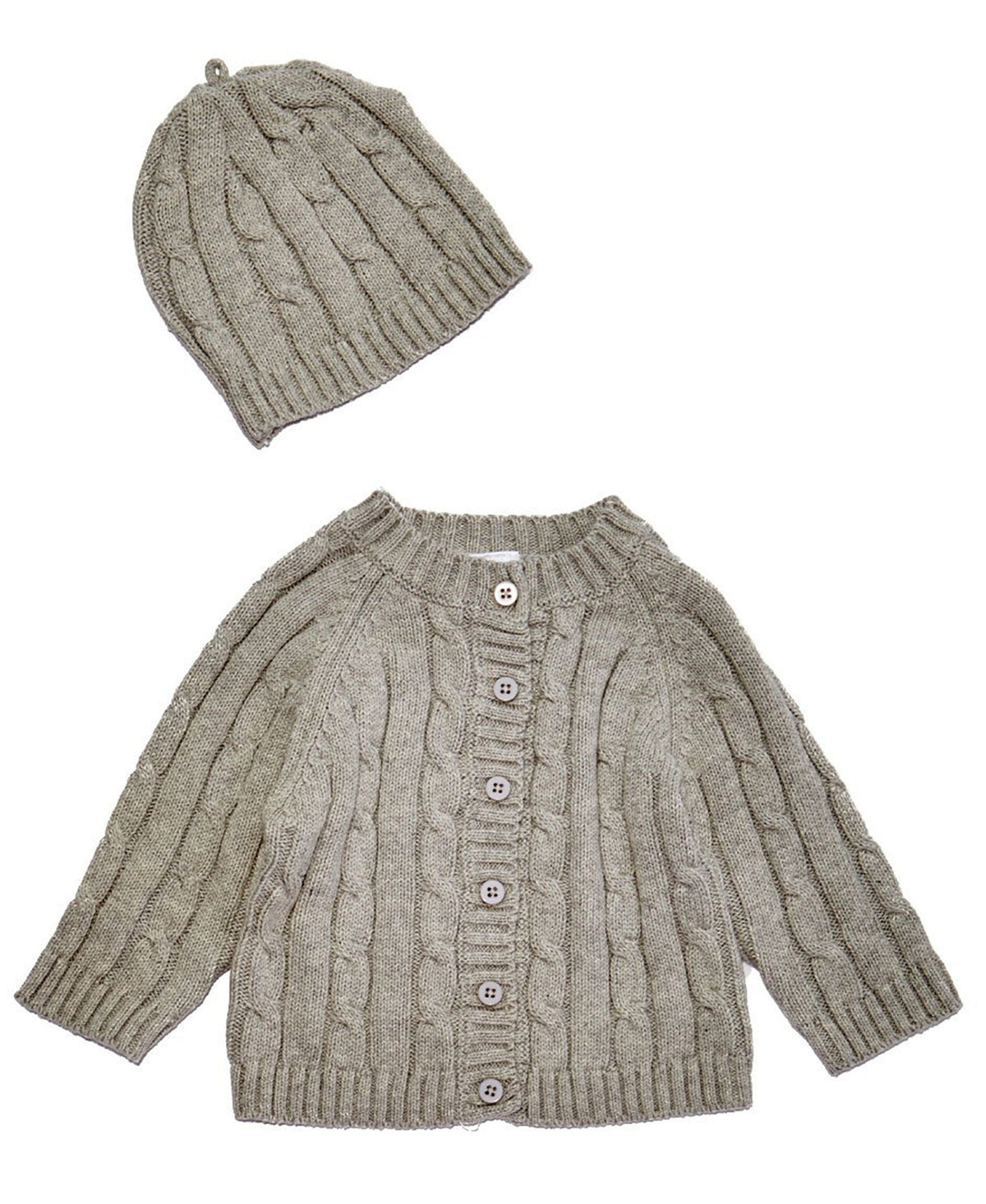 Baby Mode Signature Cable Knit Baby Cardigan Sweater with Beanie Gift Set, Gray