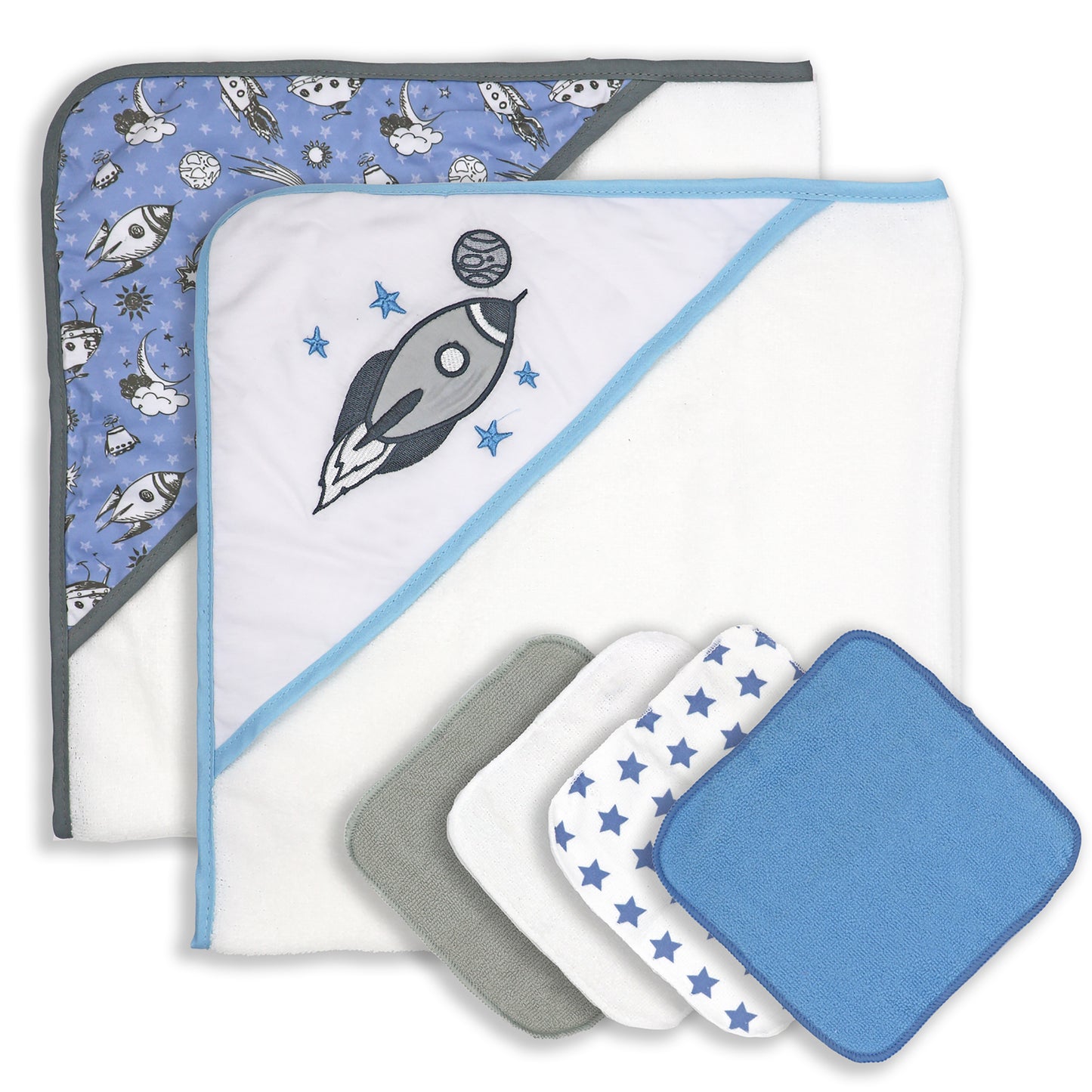 necessities by tendertyme Baby Boys and Girls 2 Pack Space Hooded Towels with 4 Washcloths