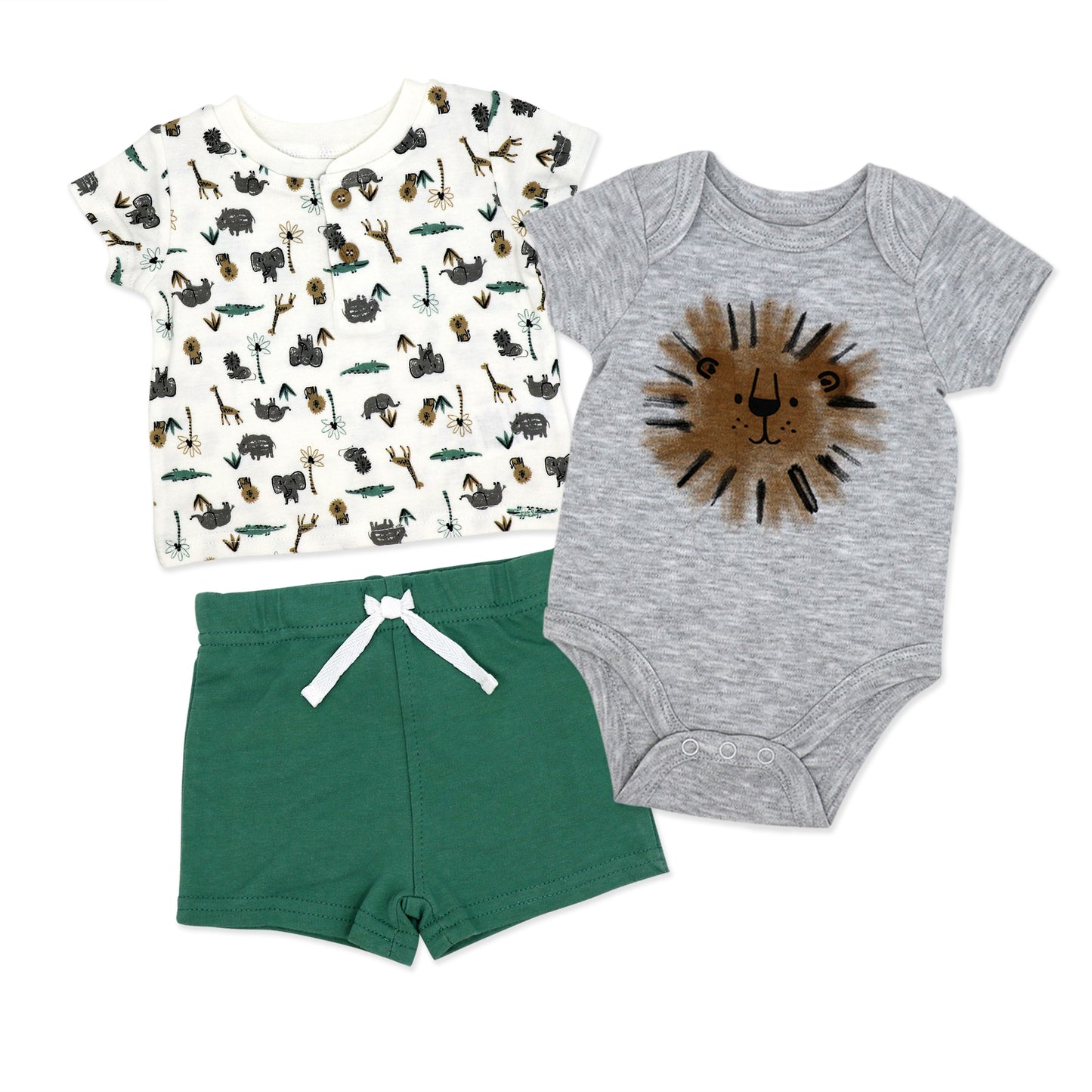Baby Mode Baby Boys 3 Piece Lions and Safari Bodysuit, Shirt, and Shorts Set, 12M