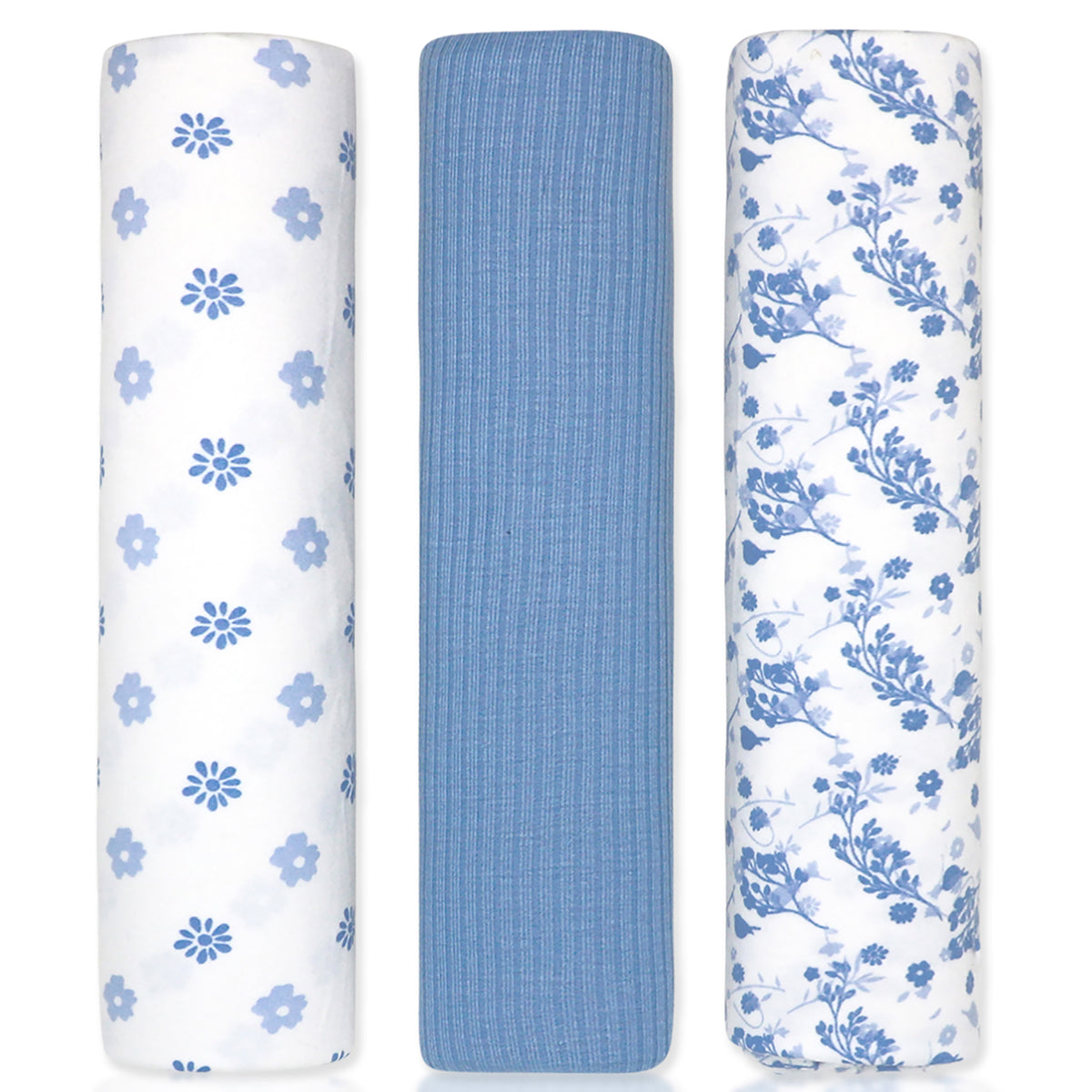 Baby Mode Signature Baby Boys and Baby Girls 3 Piece Knit Swaddle Blankets, Blue Floral