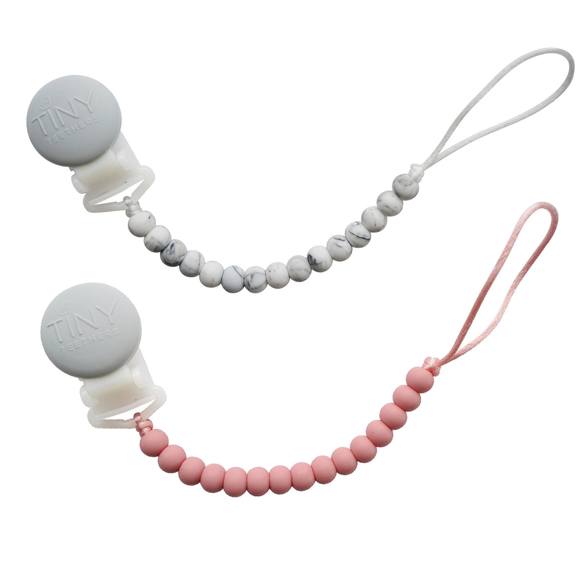 Tiny Teethers Designs Baby Boys and Baby Girls 2 Pack Signature Silicone Teether Beaded Pacifier Clip, Pink & Marble