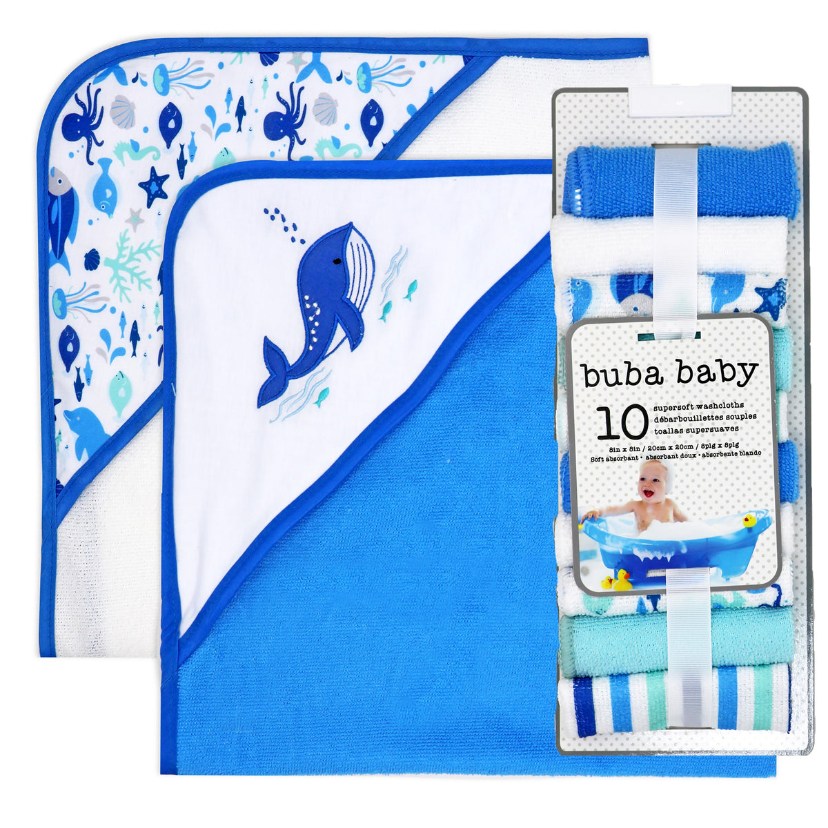 Buba Baby 2 Pack Hooded Baby Bath Towels with 10 Matching Washcloth Set , Whales
