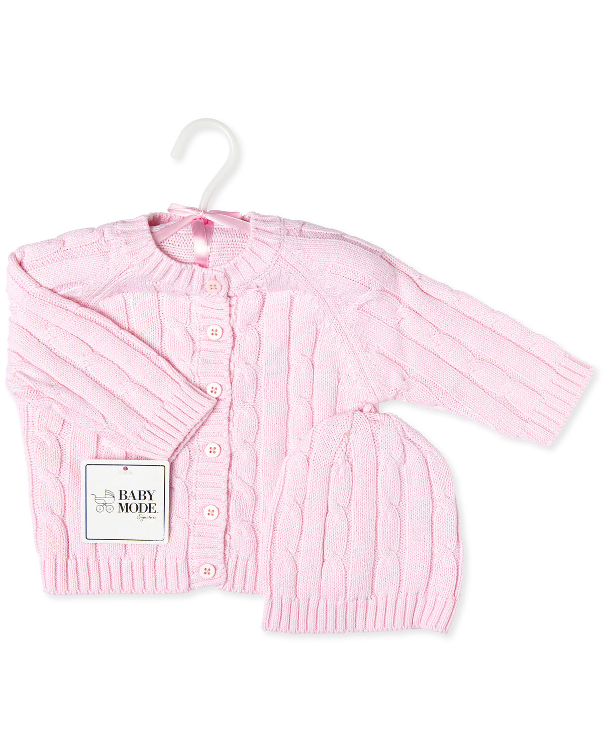 Baby Mode Signature Cable Knit Baby Cardigan Sweater with Beanie Gift Set, Pink