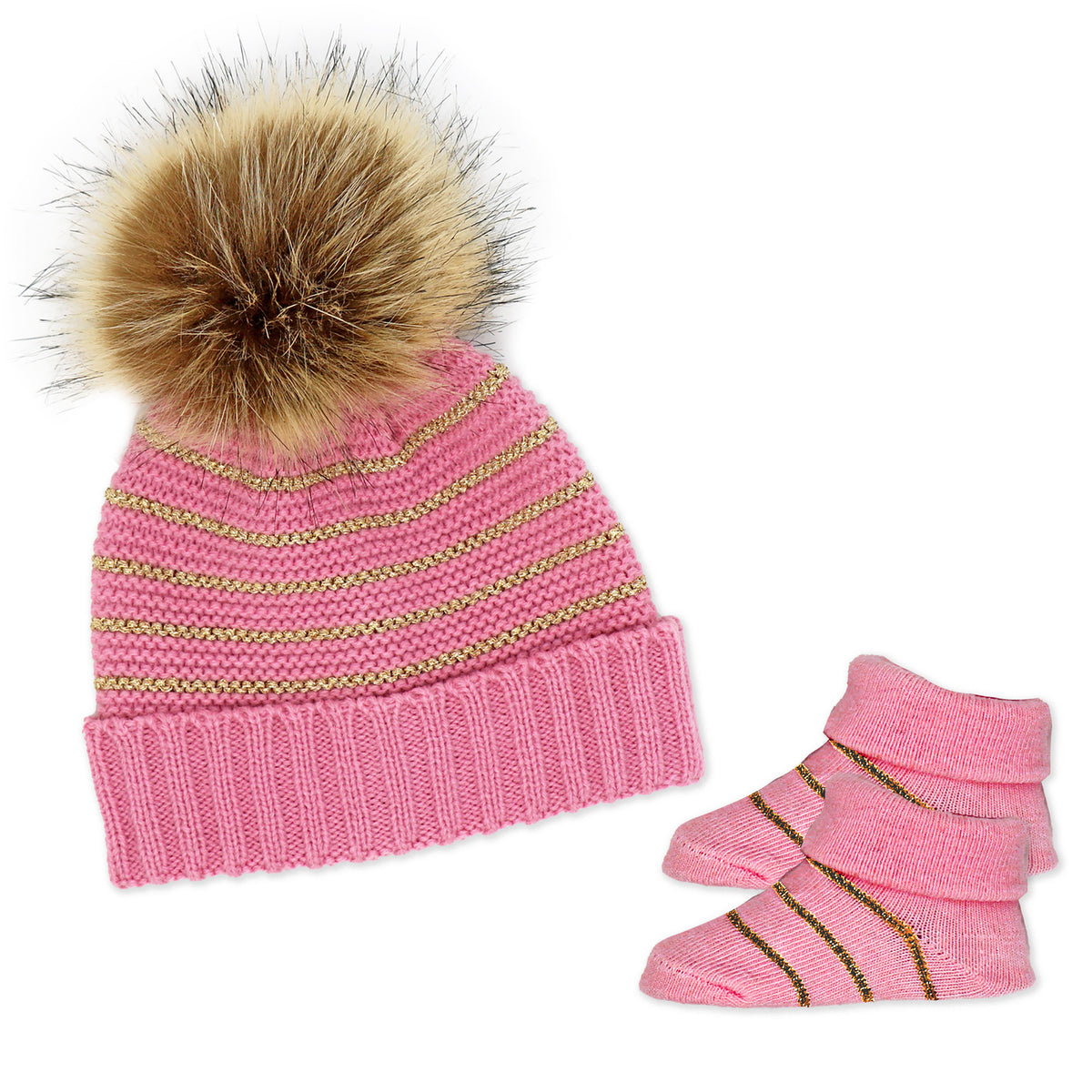 Baby Mode Signature Baby Girls 2 Piece Pom-pom Hat and Booties Outerwear Set, Berry and Gold