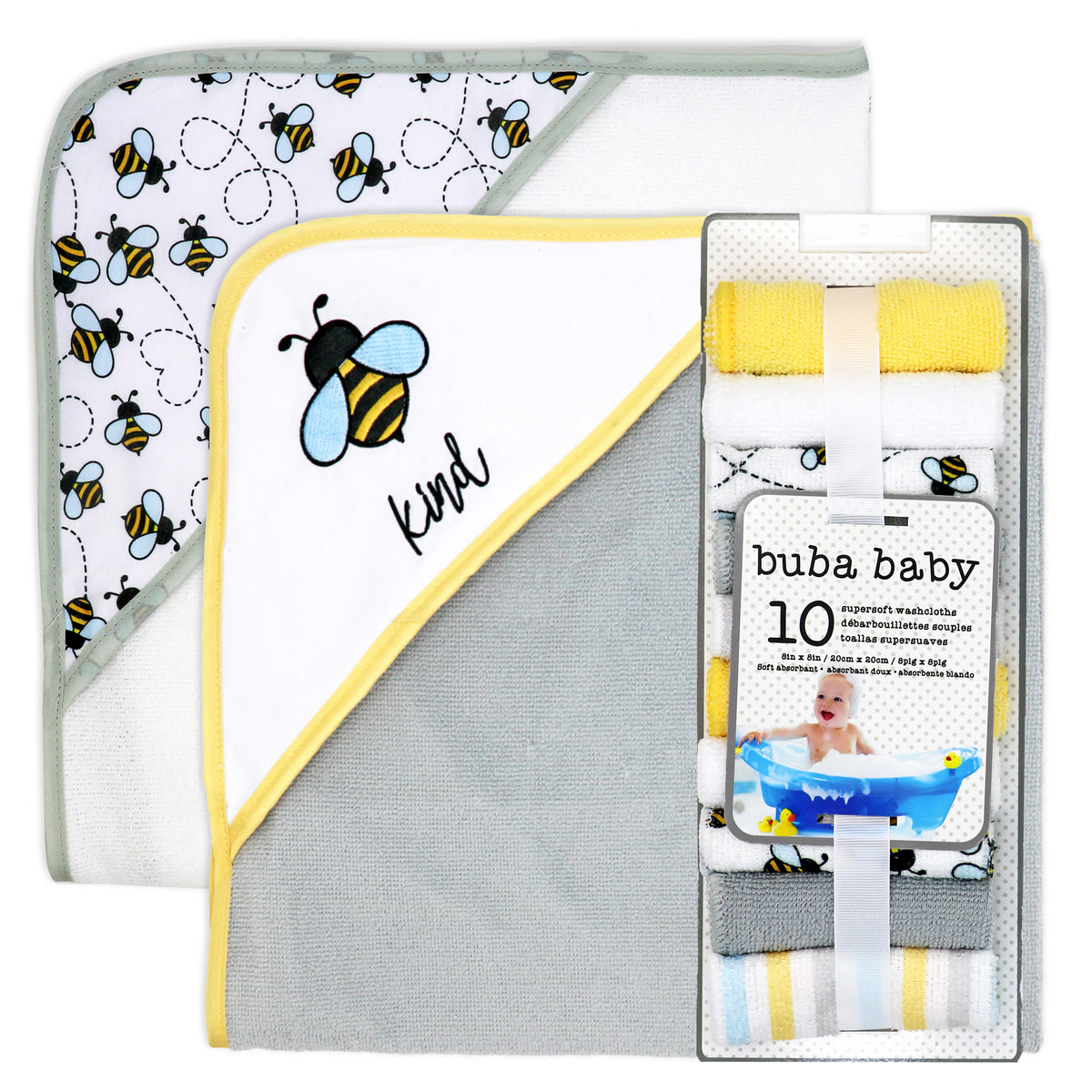 Buba Baby 2 Pack Hooded Baby Bath Towels with 10 Matching Washcloth Set, Bumble Bees