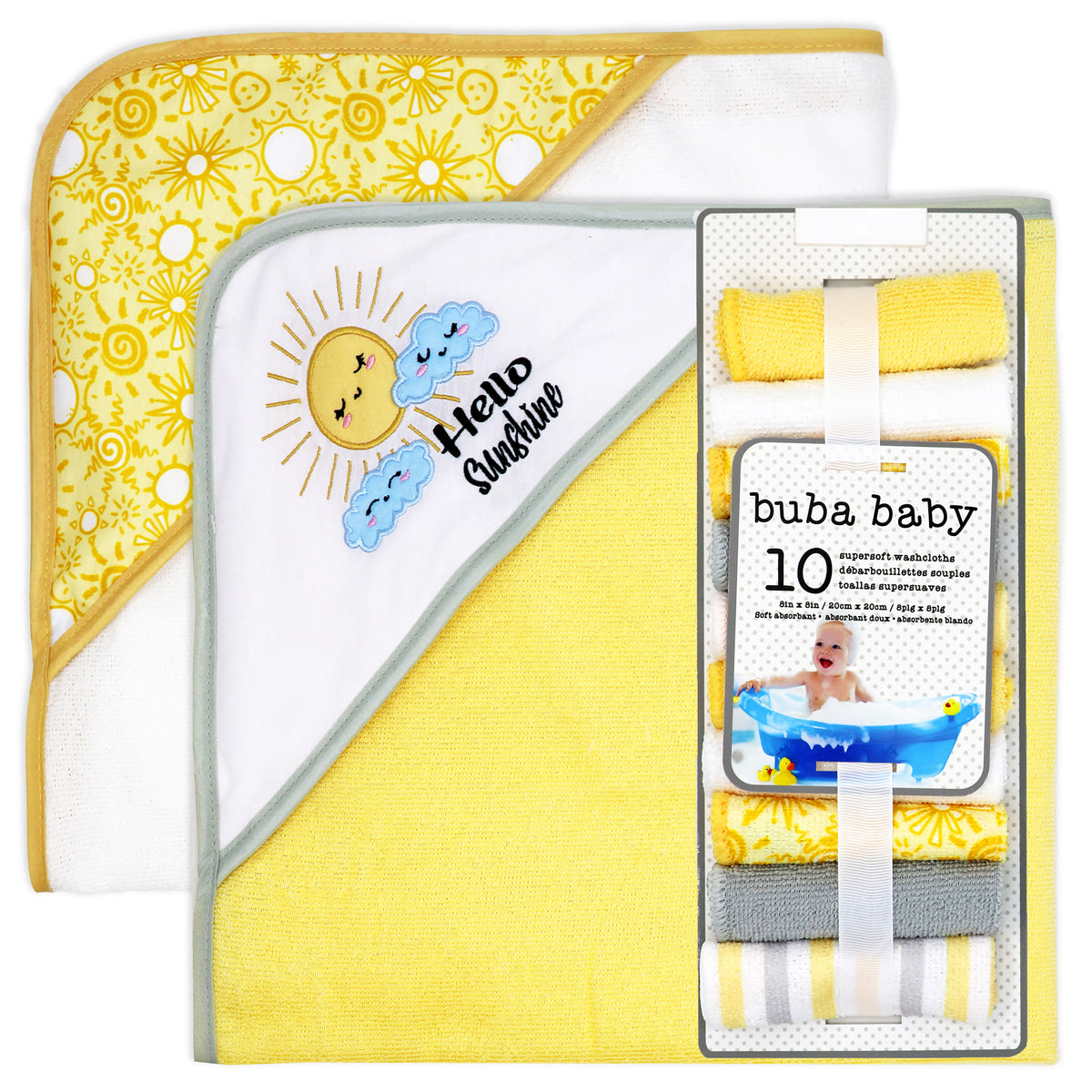 Buba Baby 2 Pack Hooded Baby Bath Towels with 10 Matching Washcloth Set, Sunshine