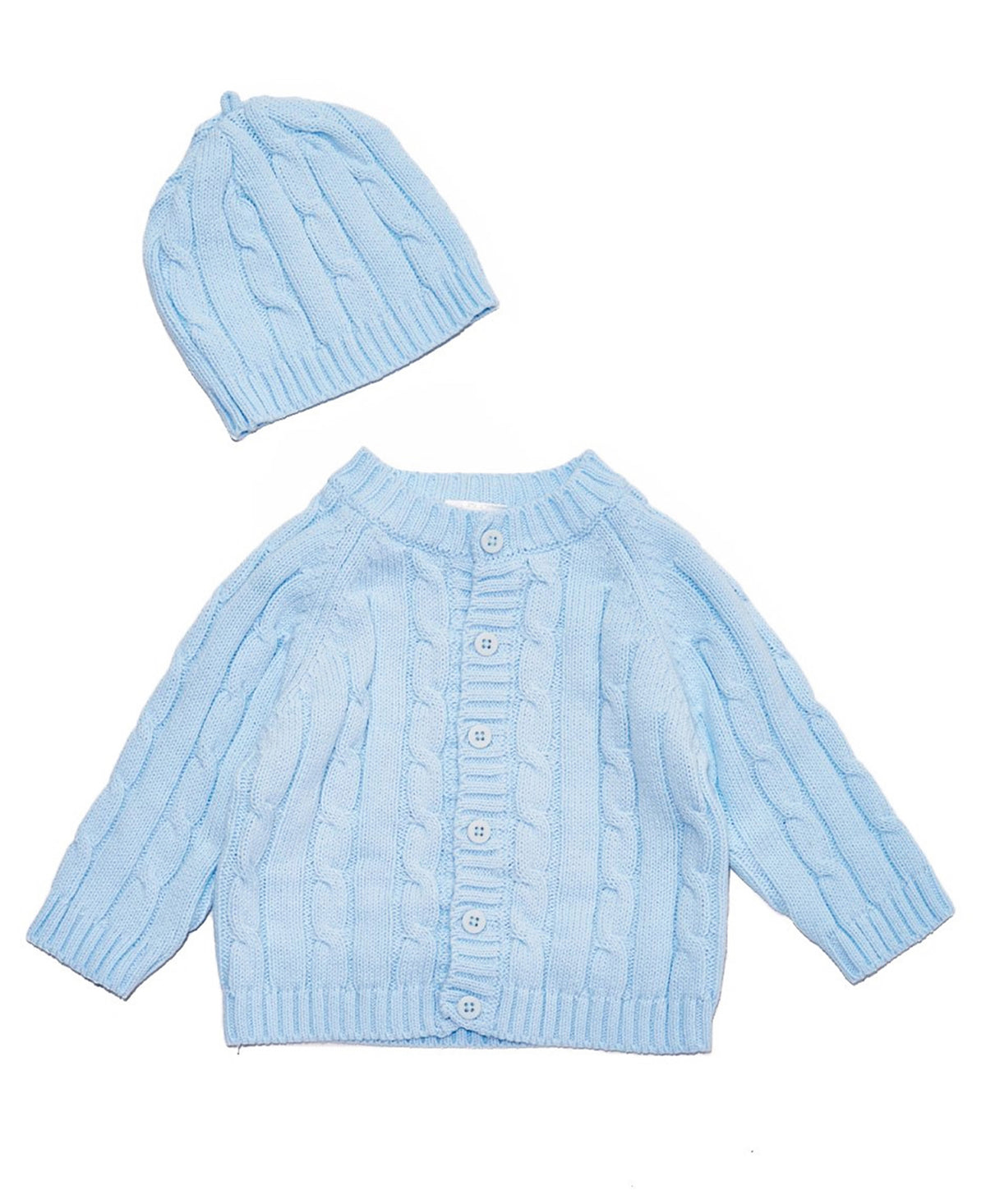 Baby Mode Signature Cable Knit Baby Cardigan Sweater with Beanie Gift Set, Blue