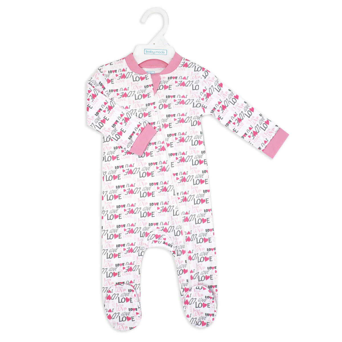 Baby Mode Baby Girls 2 Pack Zippered Footies, Pink Bunnies and Loved 0-3M