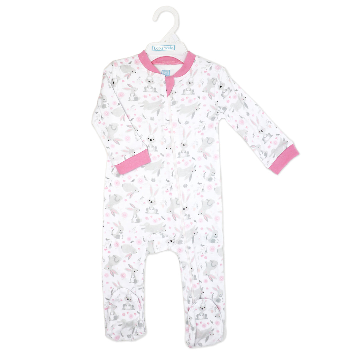 Baby Mode Baby Girls 2 Pack Zippered Footies, Pink Bunnies and Loved 0-3M