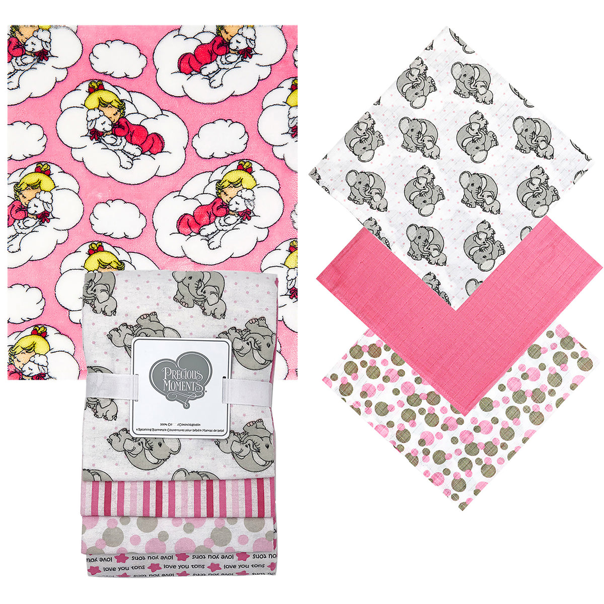 3 Stories Trading Company Baby Boys and Baby Girls 8 Piece Precious Moments Elephants Baby Gift Set, Pink