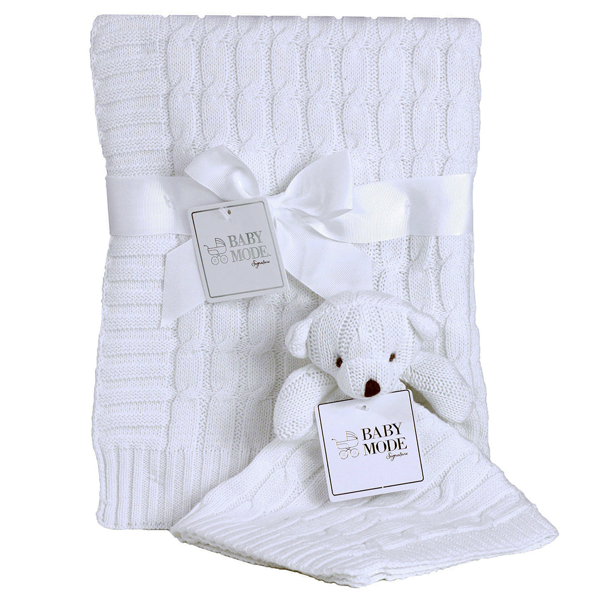 Baby Mode Signature Baby Cable Knit Baby Blanket Gift Set, White