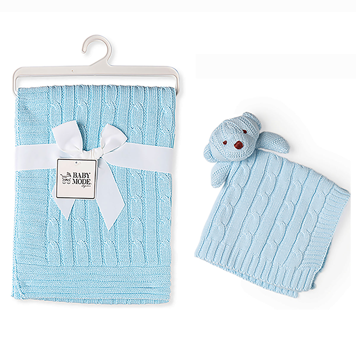Baby Mode Signature Baby Cable Knit Baby Blanket Gift Set, Blue
