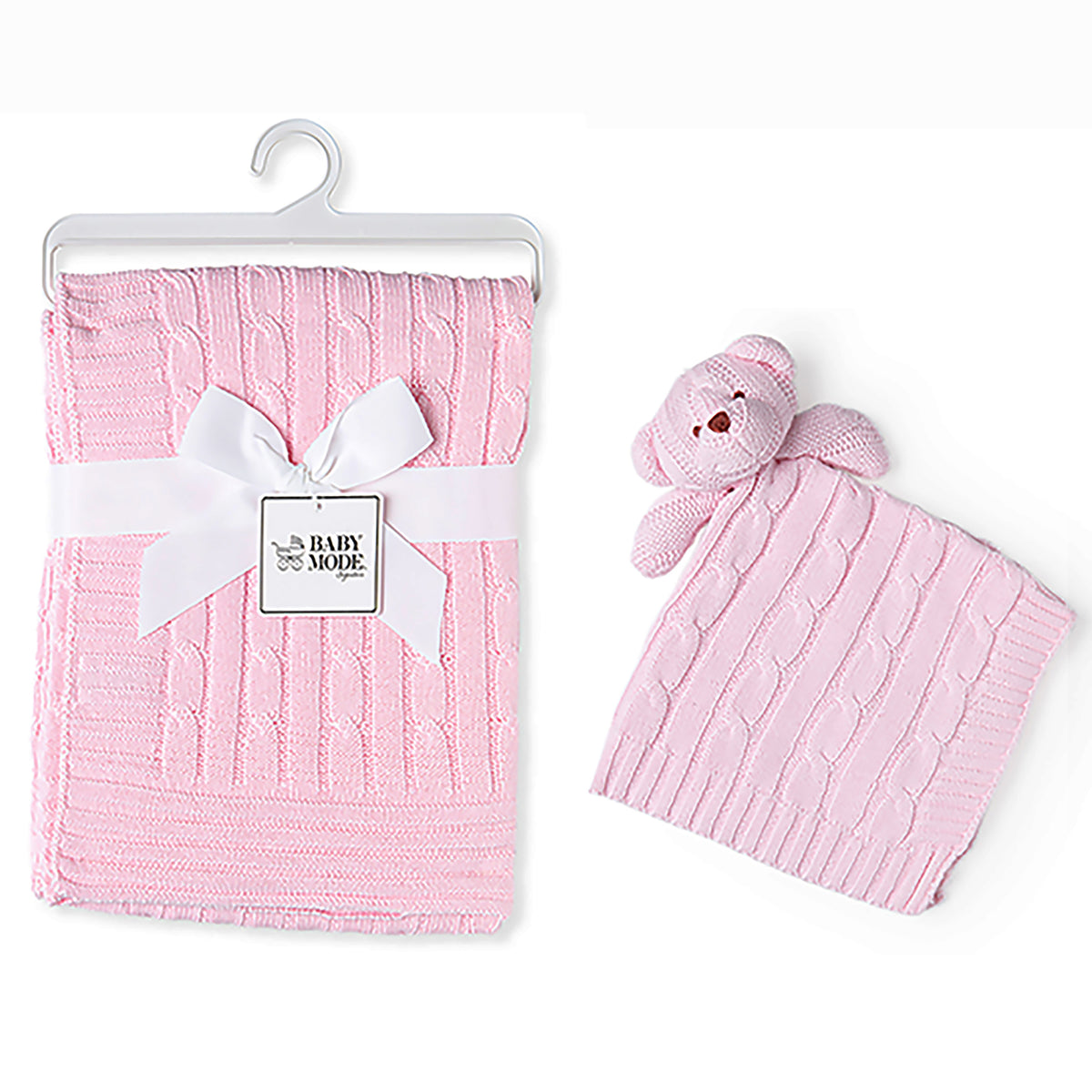 Baby Mode Signature Baby Cable Knit Baby Blanket Gift Set, Pink