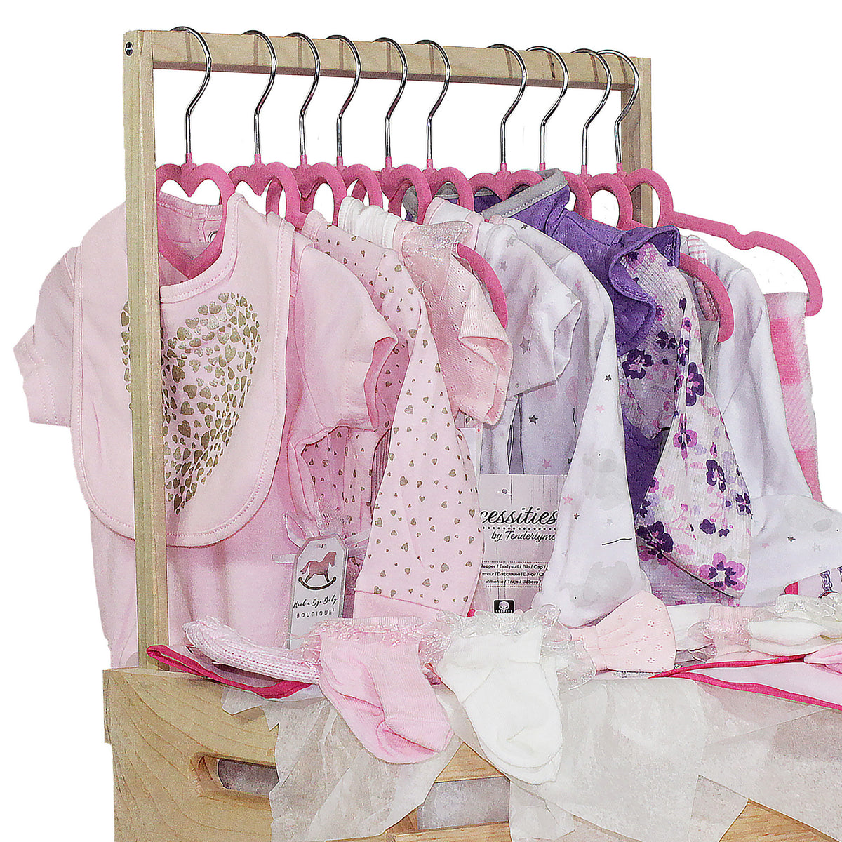 3 Stories Trading Company 12 Piece Baby Shower Wardrobe Gift Crate and Clothes Hangers, Pink