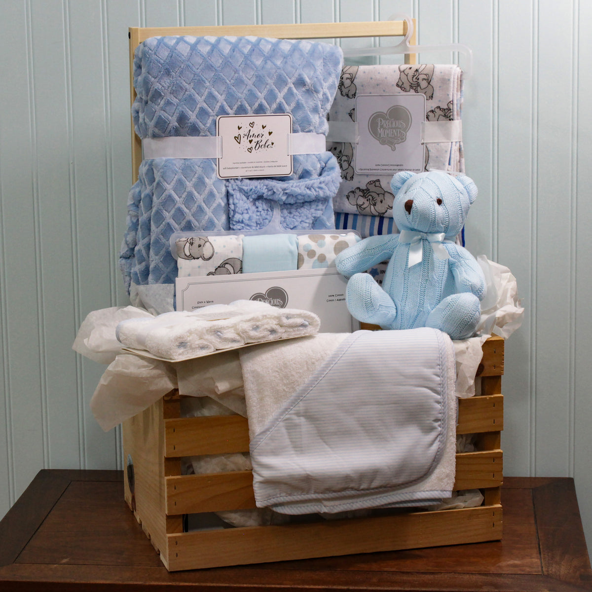 3 Stories Trading Company 16 Piece Necessities Baby Shower Wardrobe Gift Crate, Blue