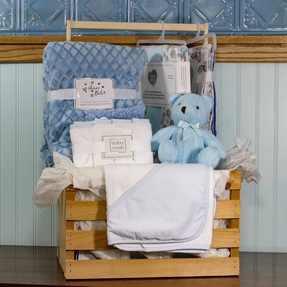 3 Stories Trading Company 16 Piece Necessities Baby Shower Wardrobe Gift Crate, Blue