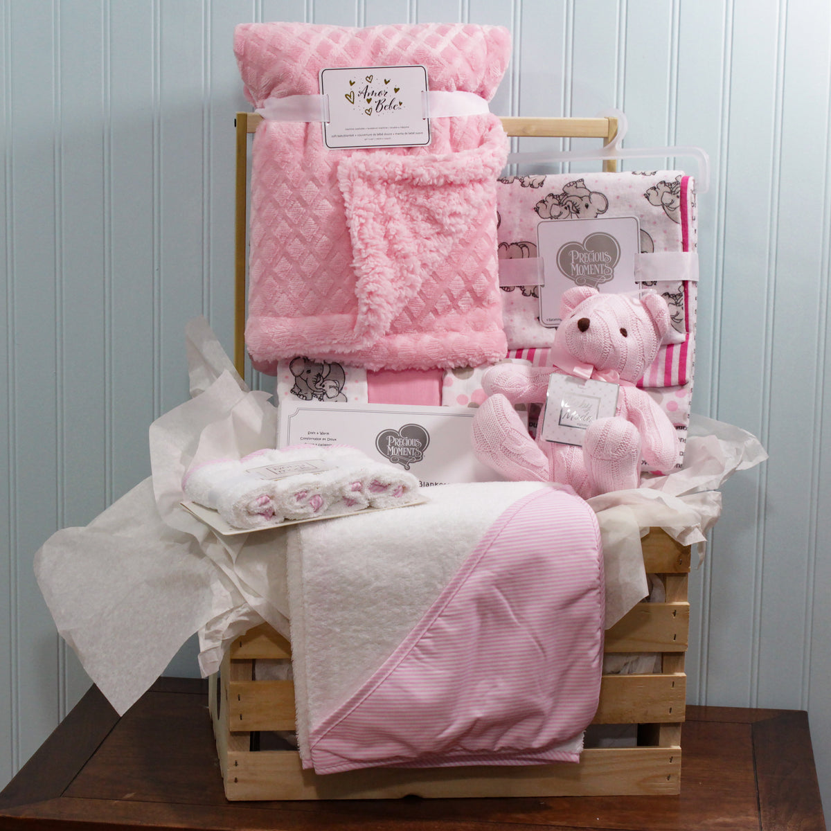 3 Stories Trading Company 16 Piece Necessities Baby Shower Wardrobe Gift Crate, Pink