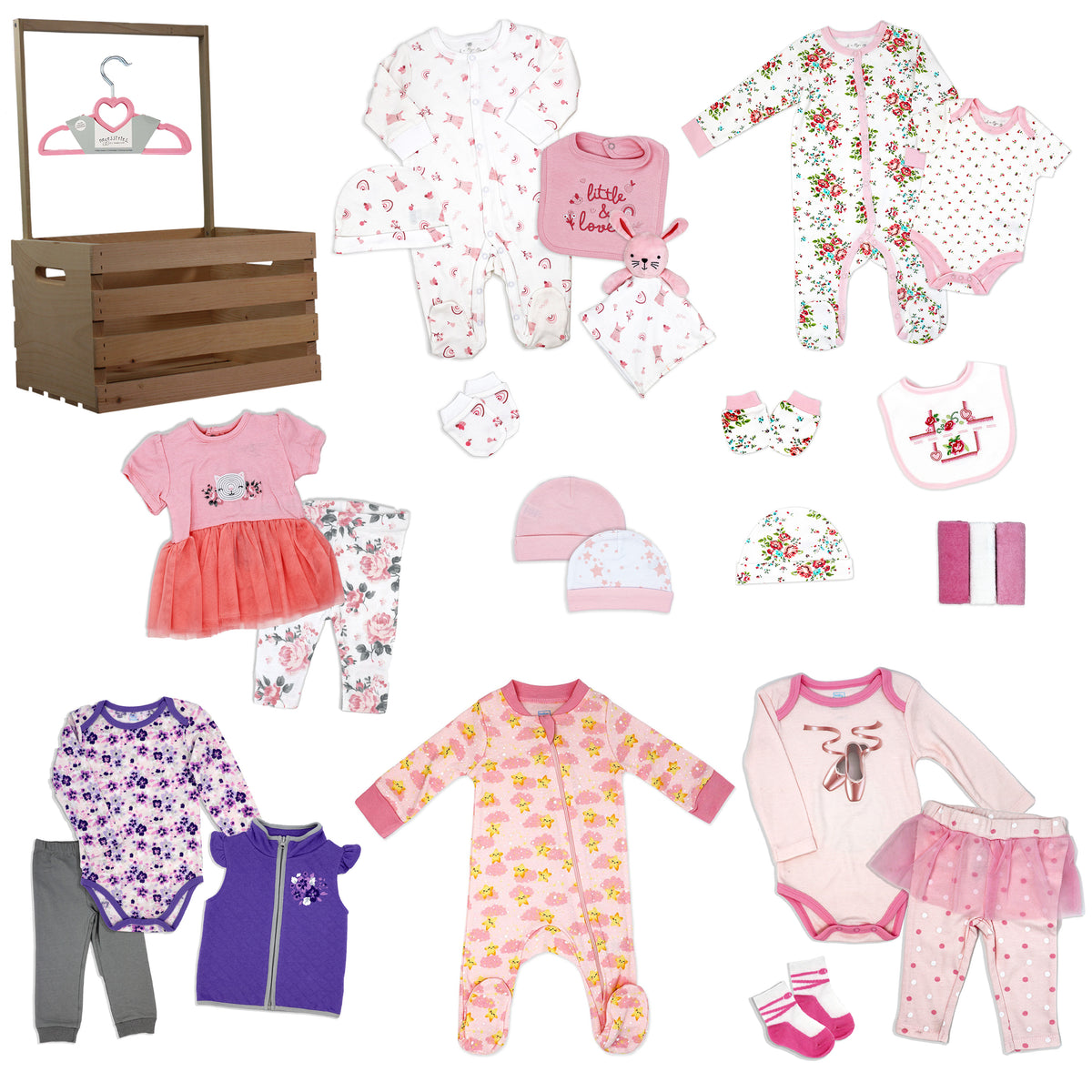 3 Stories Trading Company Baby Girls' First Year Baby Shower Gift Crate, 36-Piece Set