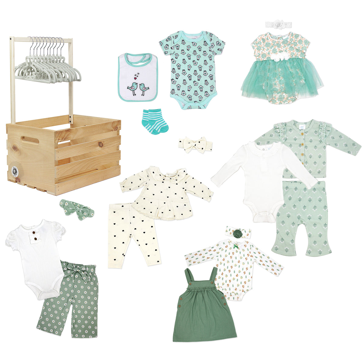 3 Stories Trading Company 29 Piece Baby Girls First Years Baby Shower Gift Crate, Shades of Green