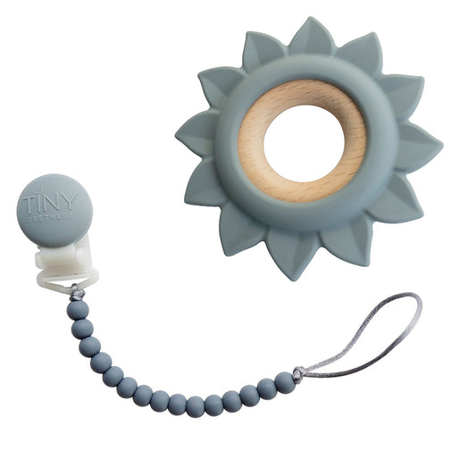 Tiny Teethers Designs Baby Boys and Baby Girls Silicone and Beechwood Teether with Matching Pacifier Clip, Blue Flower