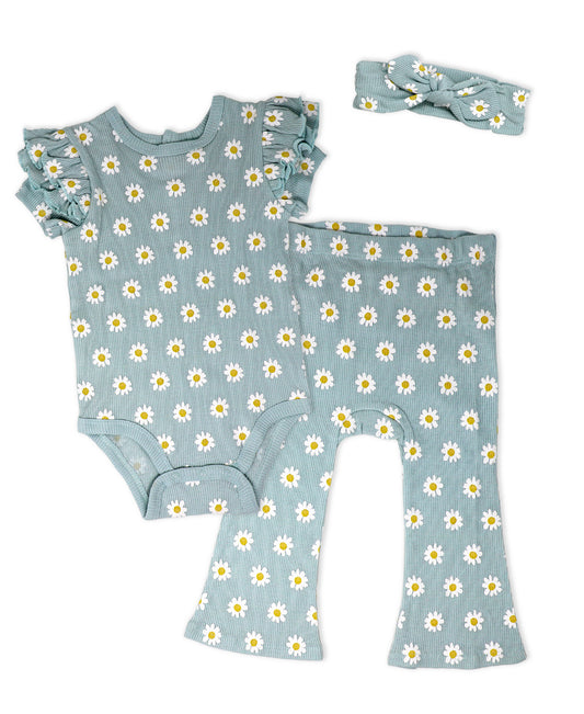 Baby Mode Baby Girls 3 Piece Blue Daisy Pants Set, 12M