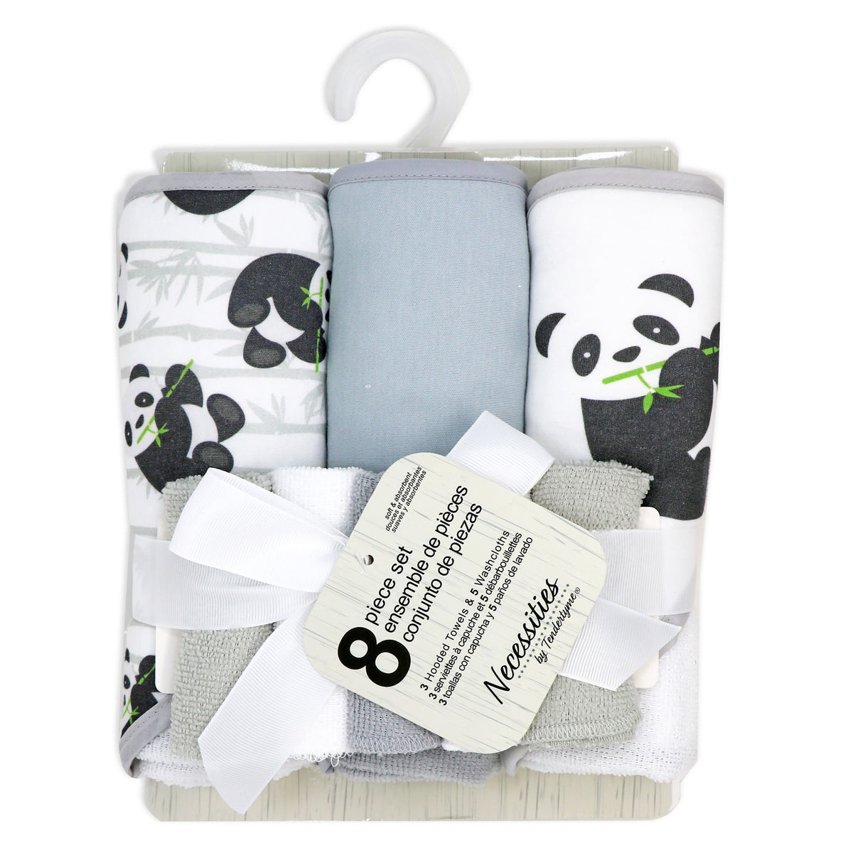 necessities by tendertyme 8 Piece Hooded Bath Towel and Washcloth Set, Pandas
