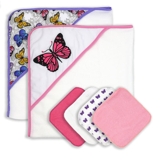 necessities by tendertyme Baby Girls 2 Pack Butterfly Hooded Towels with 4 Washcloths
