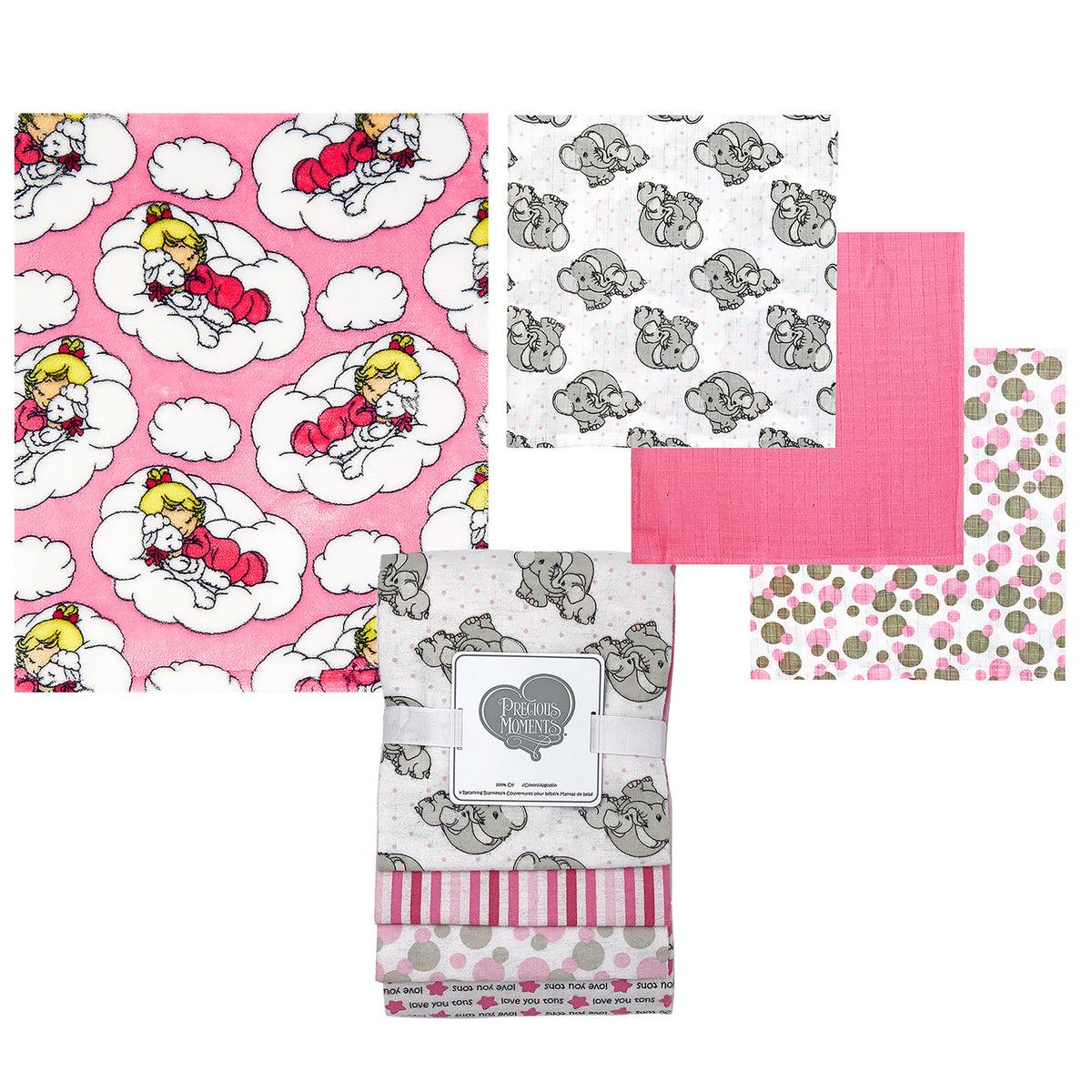 3 Stories Trading Company Baby Boys and Baby Girls 8 Piece Precious Moments Elephants Baby Gift Set, Pink