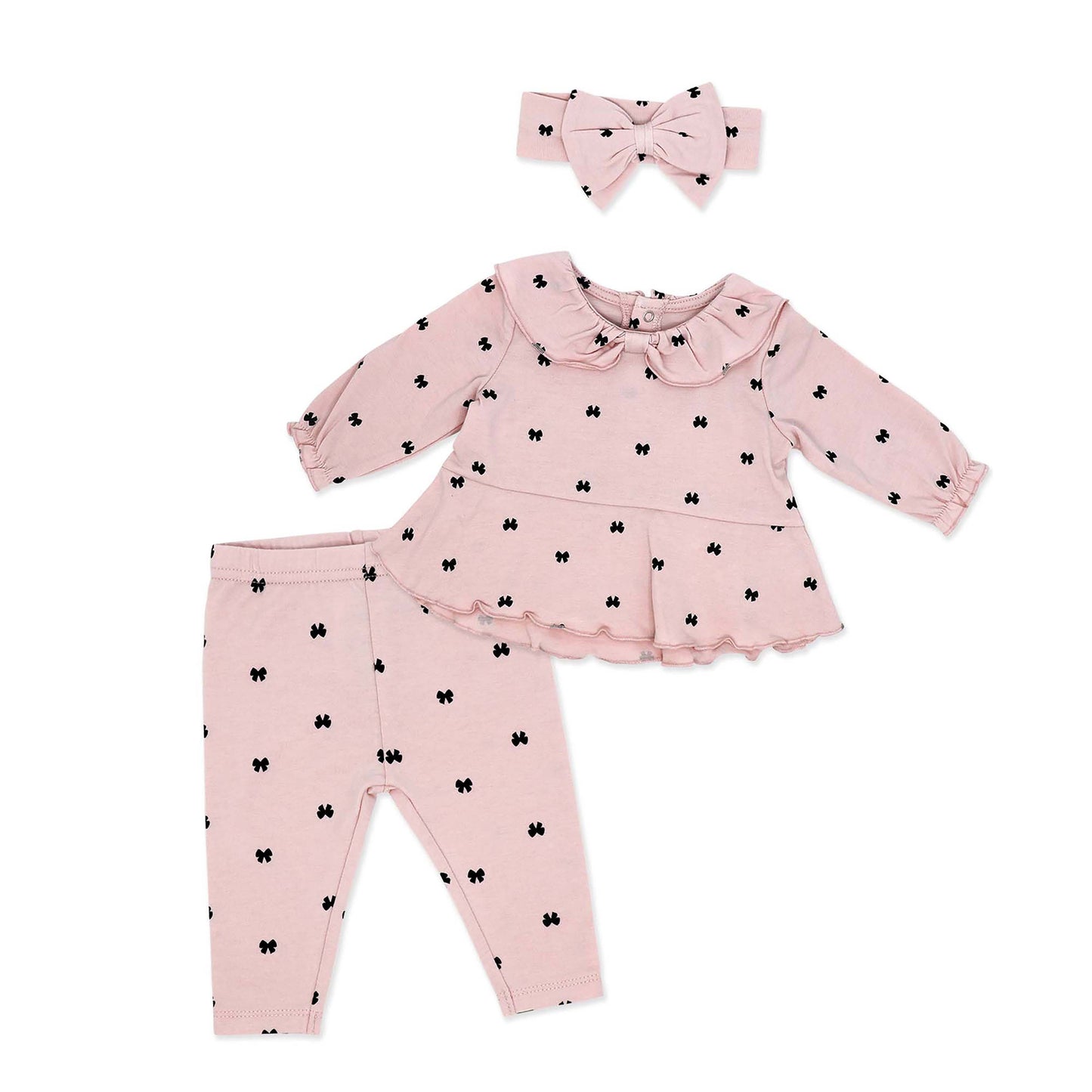 Baby Mode Baby Girls Tiny Bows 3 Piece Top, Leggings, and Headband Set, 9M