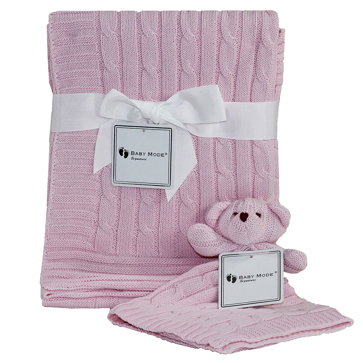 Baby Mode Signature Baby Cable Knit Baby Blanket Gift Set, Pink