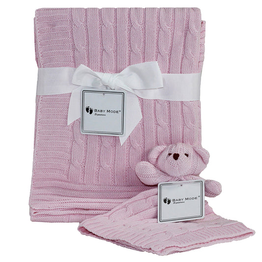 Baby Mode Signature Baby Cable Knit Baby Blanket Gift Set, Pink