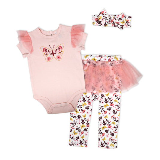 Baby Mode Baby Girls 3 Piece Butterfly Tulle Leggings Set, 6-9M