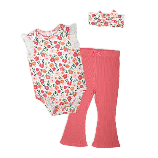 Baby Mode Baby Girls 3 Piece Eyelet Floral Pants Set, 12M