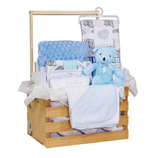 3 Stories Trading Company 16 Piece Necessities Baby Shower Wardrobe Gift Crate, Blue