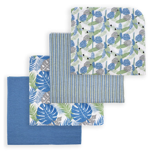 necessities by tendertyme Baby Boys and Baby Girls 4 Piece Tropical Prints Receiving Blankets, Blue