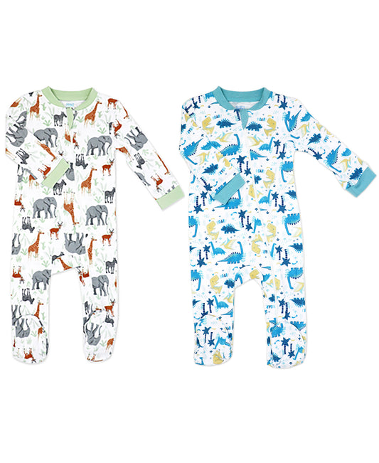 Baby Mode Baby Boys and Baby Girls 2 Pack Zippered Footies, Dino & Safari, 6-9M