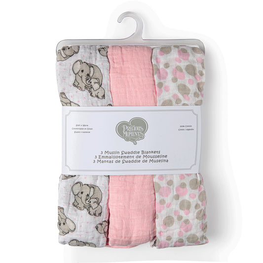 Precious Moments Baby Boys and Baby Girls 3 Piece Coordinating Precious Moments Muslin Swaddle Blankets, Pink
