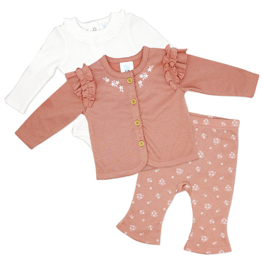 Baby Mode Girls 3 Piece Misty Rose Bell Pants and Jacket Set, 6-9M