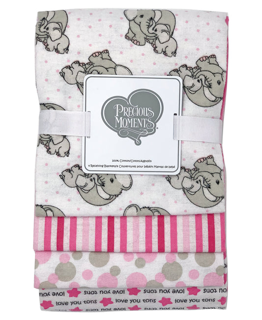 Precious Moments Baby Girls Precious Moments 4 Piece Cotton Flannel Receiving Blankets, Pink