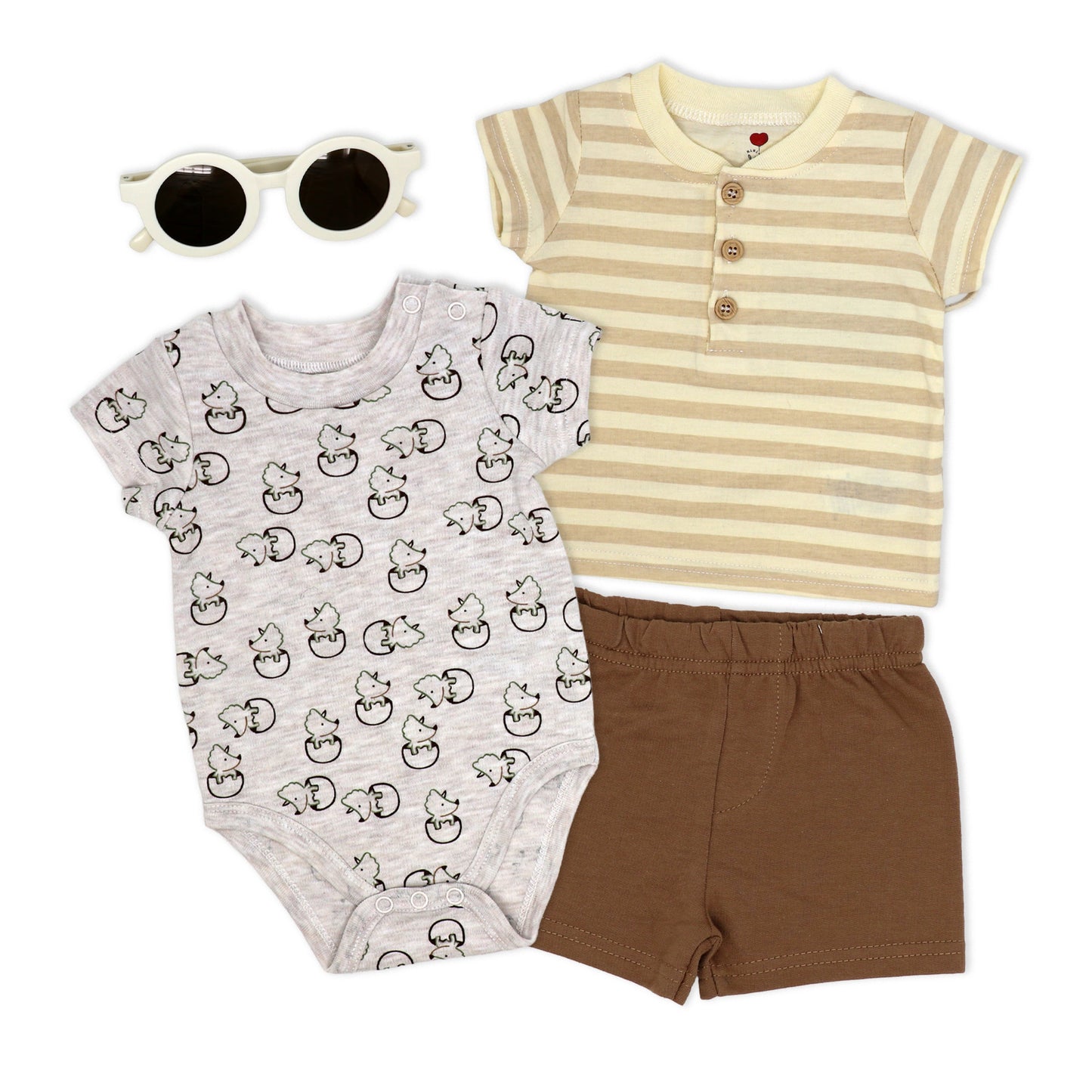 Mini Hop Baby Boys 4 Piece Hatching Dino Bodysuit, Polo Shirt, Shorts and Sunglasses Set, 9M