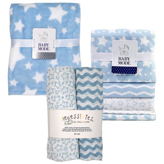 Baby Mode Baby Boys and Baby Girls Stars 7 Piece Baby Blanket Gift Set, Blue