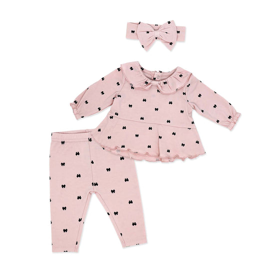 Baby Mode Baby Girls Tiny Bows 3 Piece Top, Leggings, and Headband Set, 3M