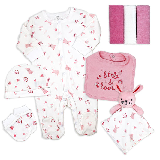 Rock A Bye Baby Boutique Baby Girls Pink Bunny 8 Piece Layette Gift Set, Newborn