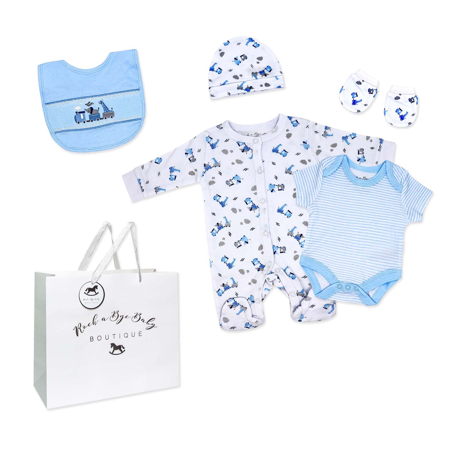 Rock A Bye Baby Boutique Boys Train 5 Pc Layette Gift Set 3-6M