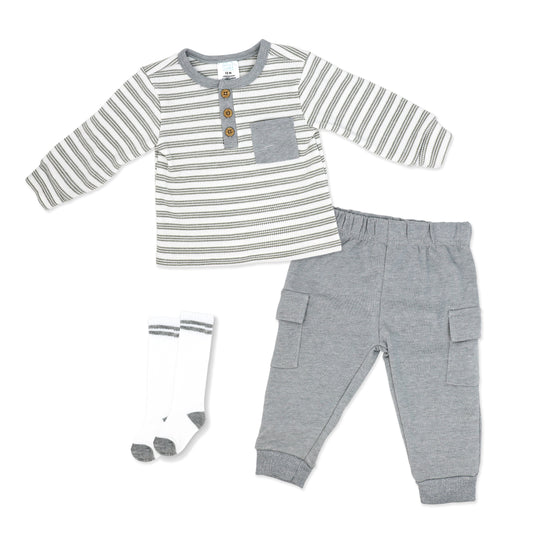 Baby Mode Baby Boys 3 Piece Gray Stripe Terry Jogger Set, 12M