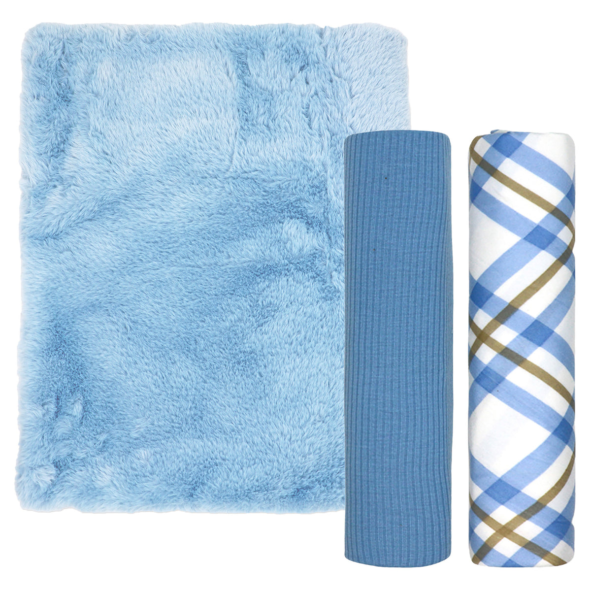 3 Stories Trading Company Baby Boys and Baby Girls Faux Fur 3 Piece Baby Blanket Gift Set, Blue